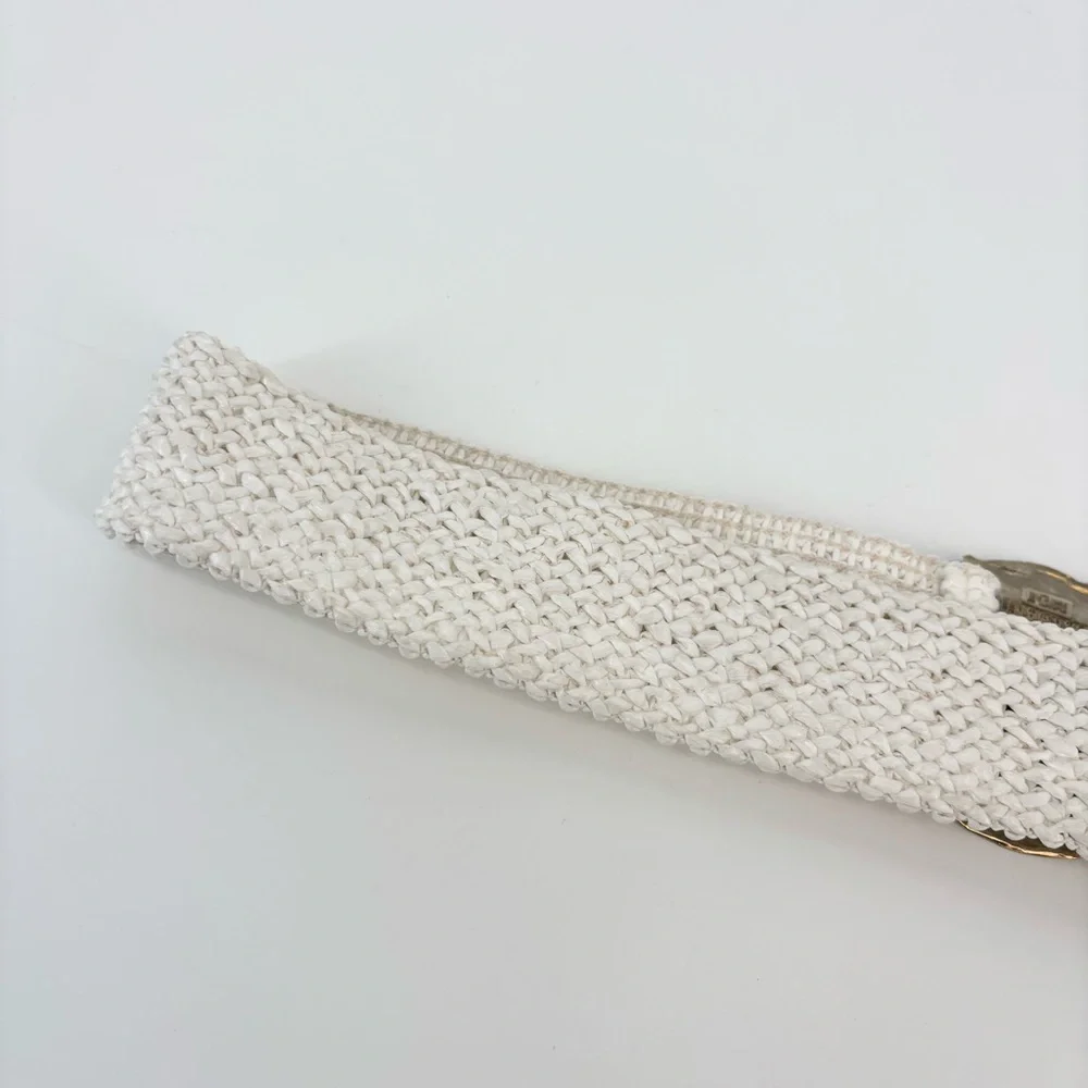 Vintage 80s Charmant Belt Oversized Buckle Woven‎ White Silver Pink Retro Large